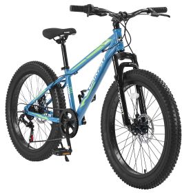 S24109 24 Inch Fat Tire Bike Adult/Youth Full Shimano 7 Speeds Mountain Bike, Dual Disc Brake, High-Carbon Steel Frame, Front Suspension (Color: as Pic)