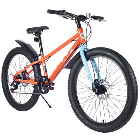 24 Inch Bicycles , Fat Tire Mountain Bike for Boys and Girls Age 10 + Years ,Dual-Disc Brake,Shimano 7-Speed ,Kids Beach and Snow Bicycle (Color: as Pic)