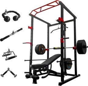 Multi-functional Power Cage,Home Adjustable Pullup Squat Rack 1000Lbs Capacity Comprehensive Fitness Barbell Rack (Color: Black-Red)